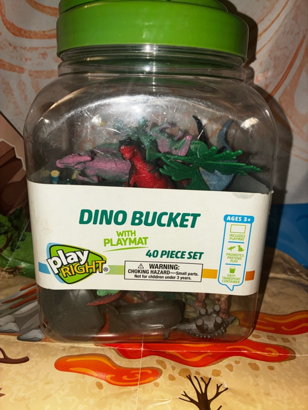 Dino Bucket Playset - Green Lid, Multi-Color Figures & Playmat